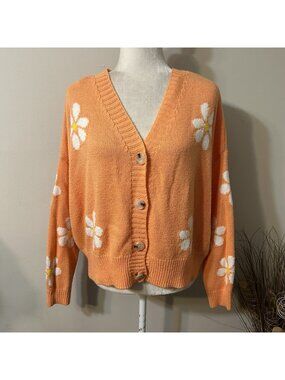Just Polly New York Orange Cardigan Sweater With Daisy Floral 100% Acrylic Sz S